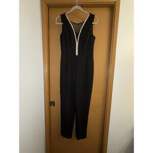 Alexa B Nites Size 8 Black Sleeveless Jumpsuit Jeweled Deep V Neckline Mesh